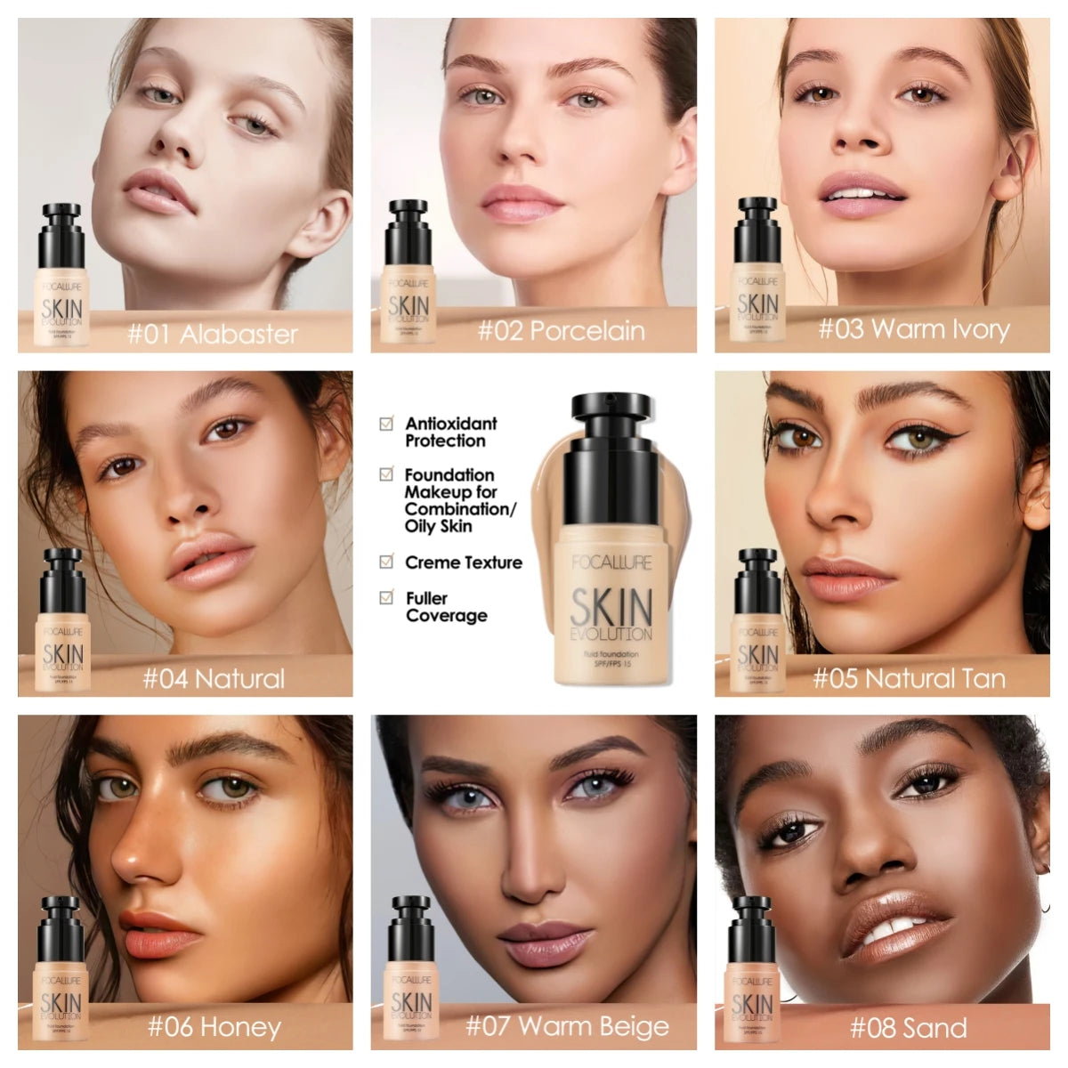 FOCALLURE Waterproof Matte Face Liquid Foundation Full Coverage Concealer Whitening Face Makeup Base Cream Cosmetics